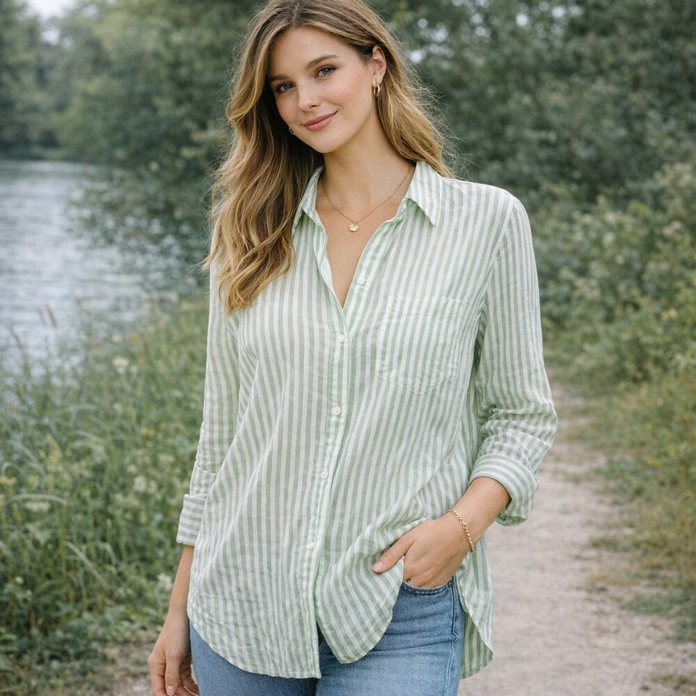 Habitat SZ M Cotton Blend Green/White Striped Button Front Lightweight Tunic